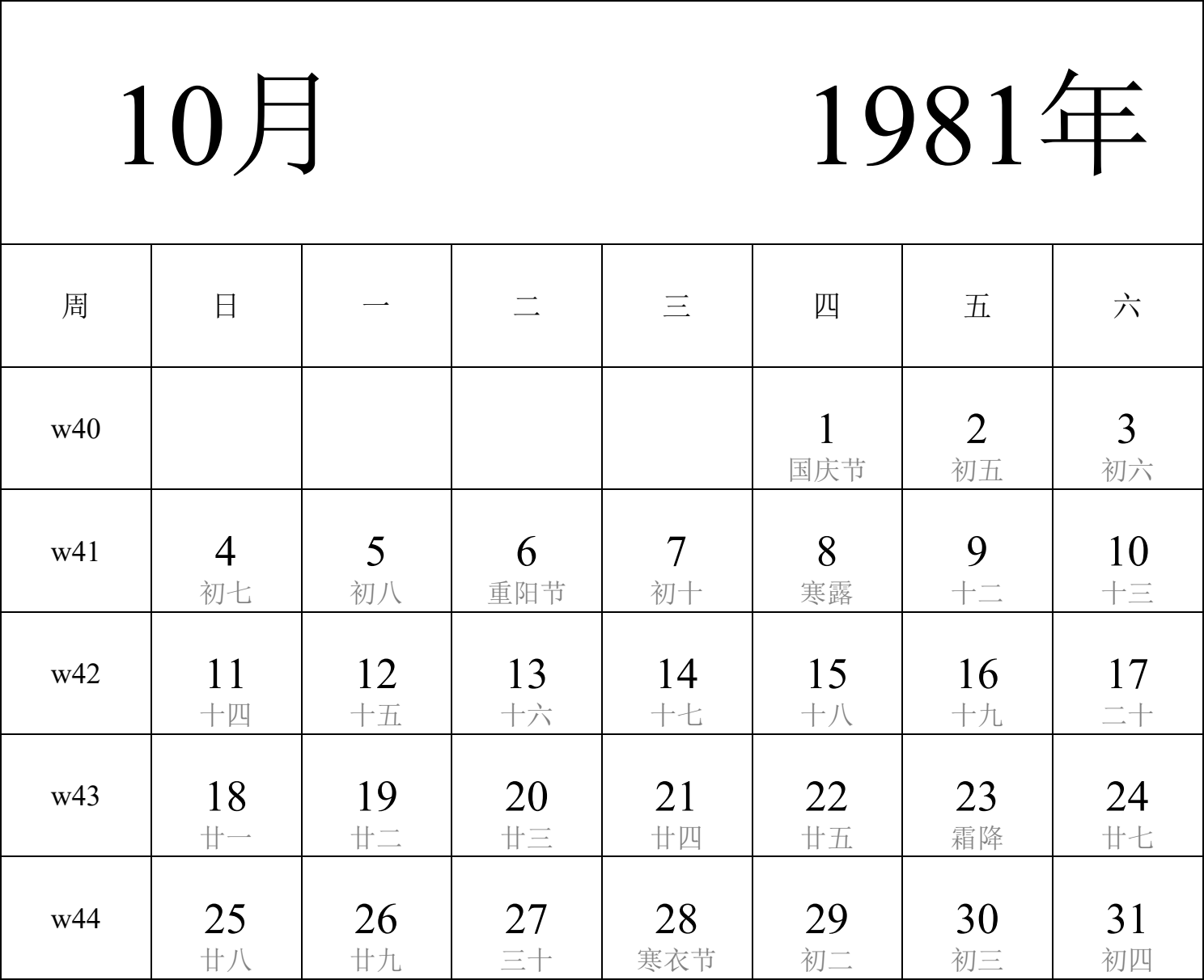 日历表1981年日历 中文版 纵向排版 周日开始 带周数 带农历